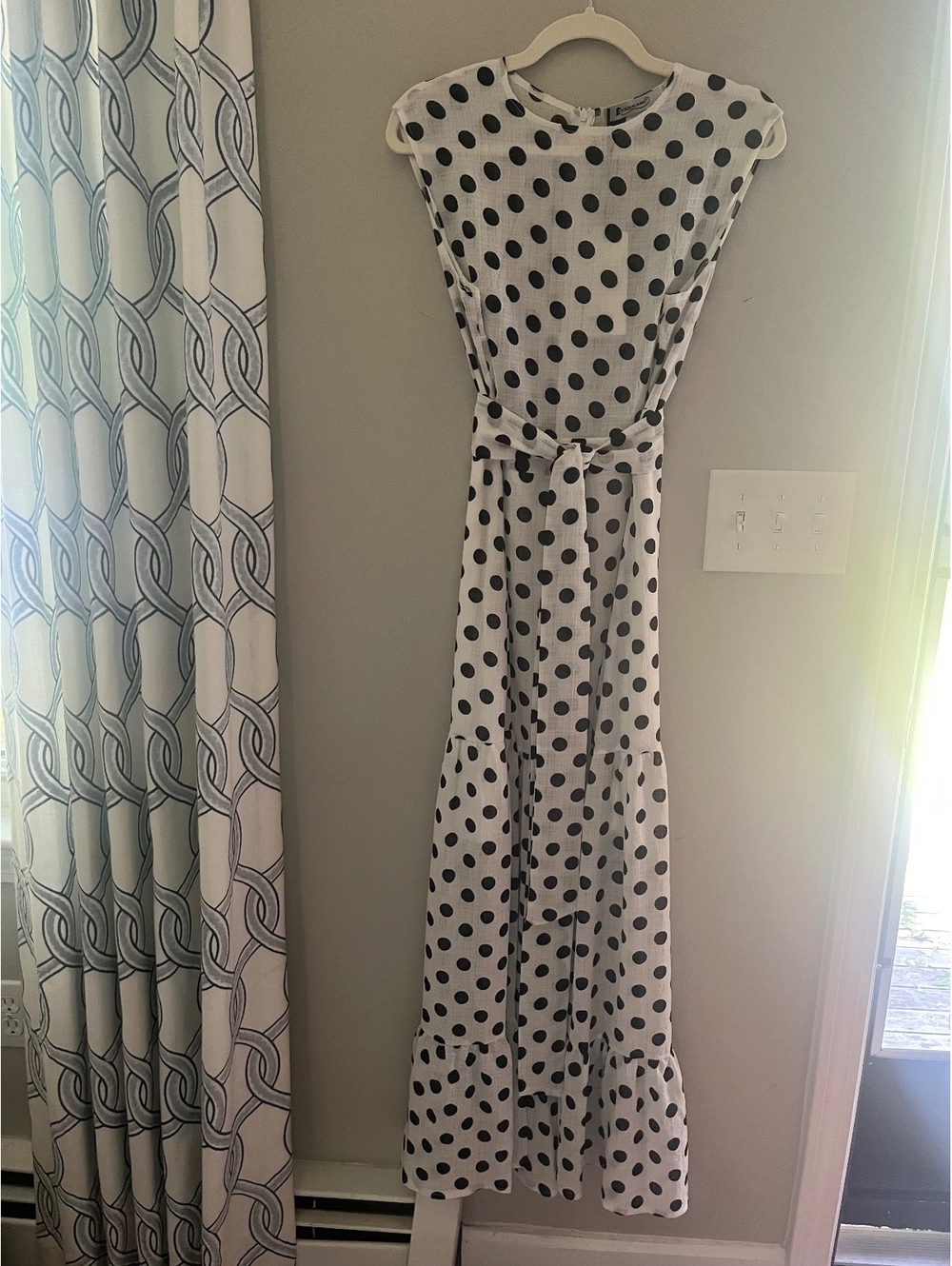 Everkaki White Maxi Dress with Black Polka Dots and Belt